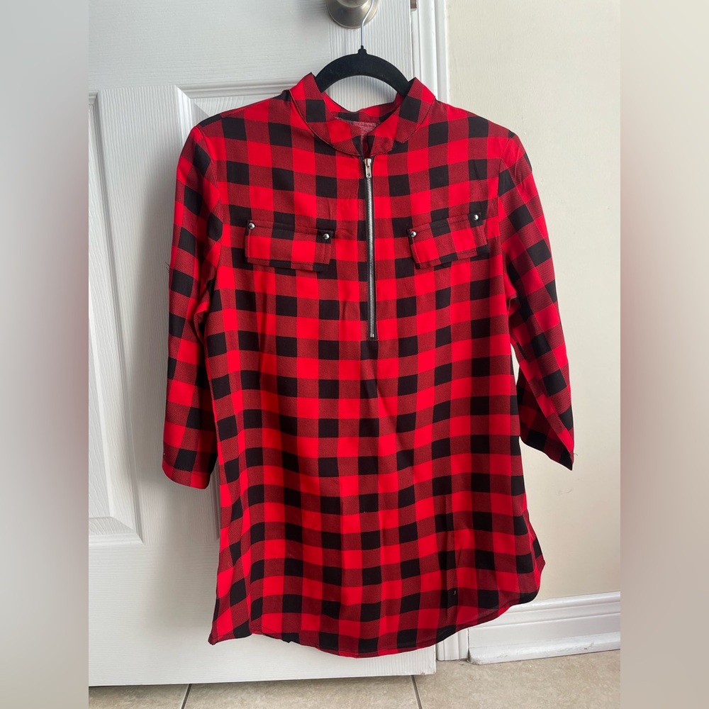 NWOT Red and Black Plaid Quarter Zip-Up Shirt - Picture 2 of 3